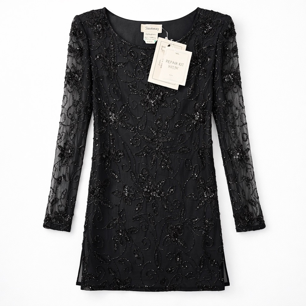 Vintage Stenay Beaded Mesh Top Black Sheer Sequin Evening Tunic S NWT